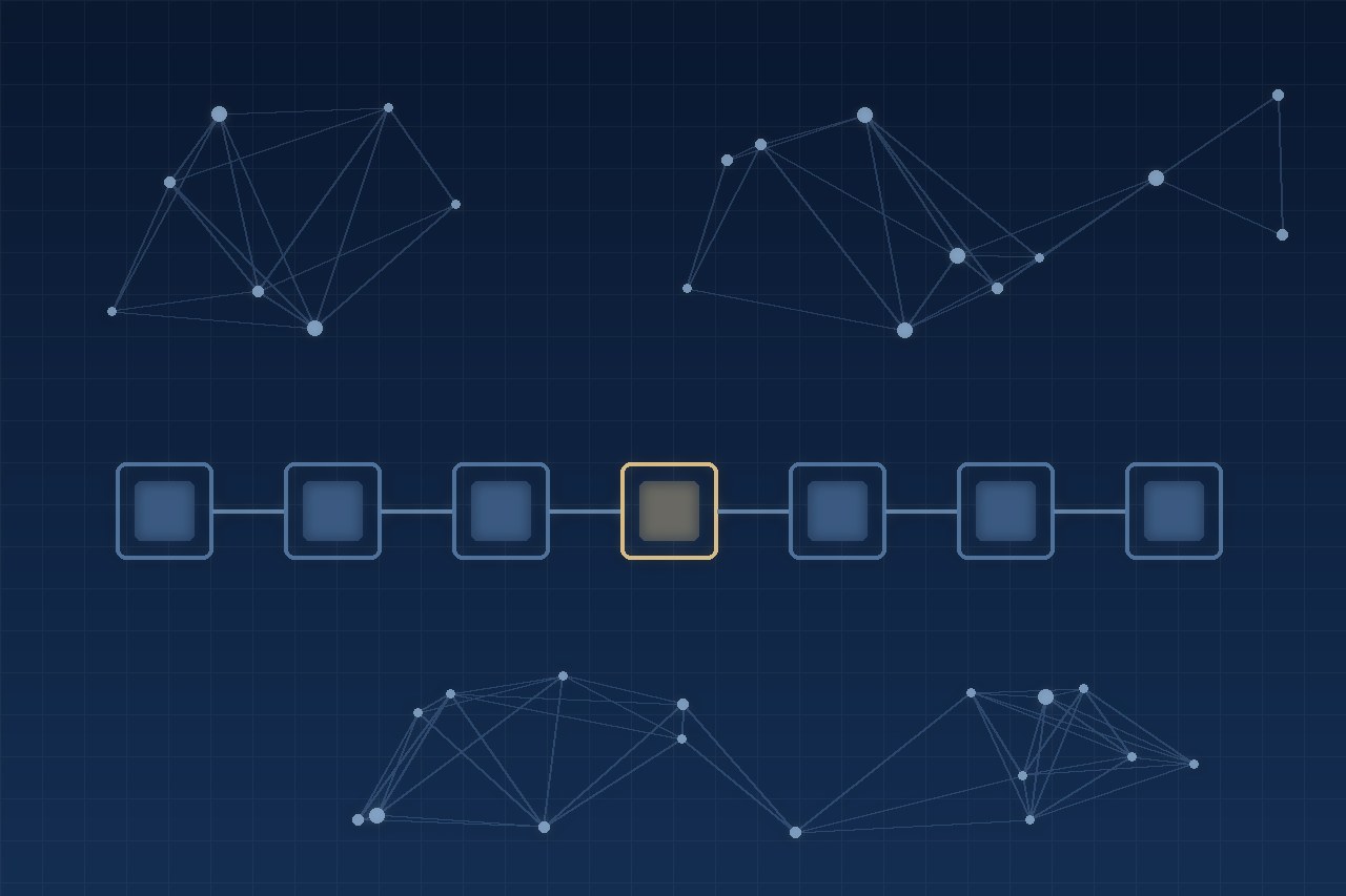 Abstract illustration of a distributed ledger chain linking network nodes, representing Korea's token securities rules